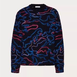Valentino men’s crewneck wool pullover sweater with neon camou embroidery